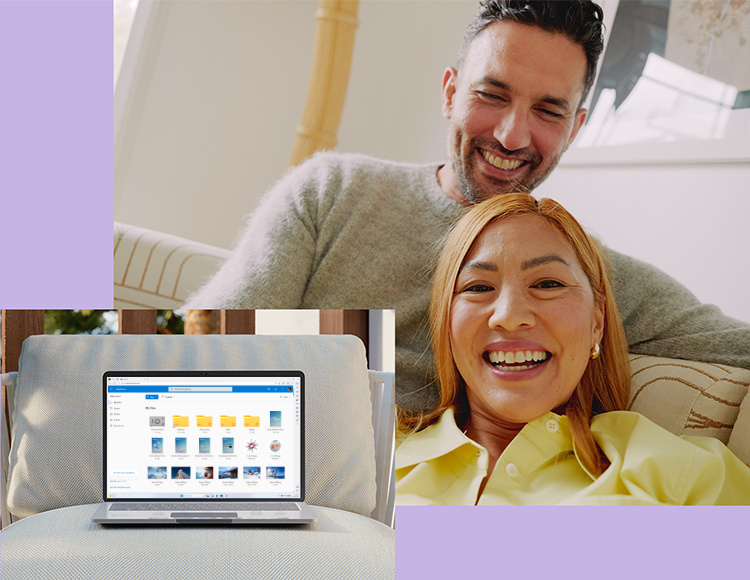 Een man en een vrouw die naar het Microsoft 365-scherm op een laptop van PCSpecialist kijken