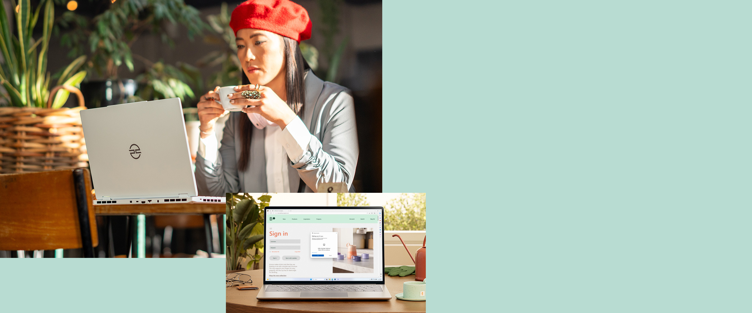 Een vrouw achter een laptop van PCSpecialist met windows 11