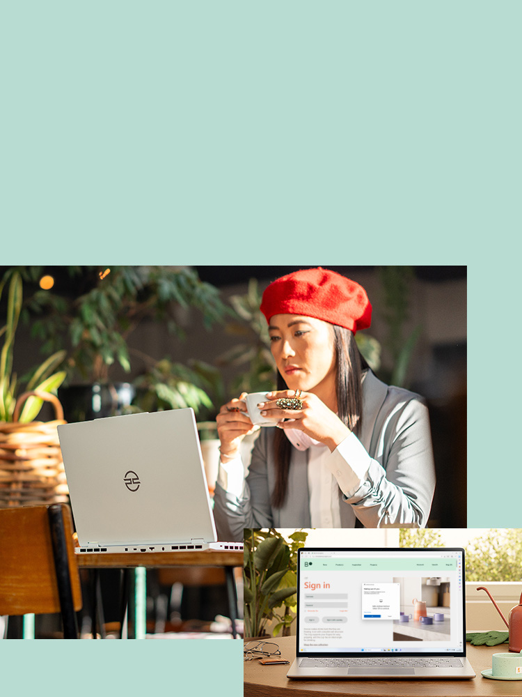 Een vrouw achter een laptop van PCSpecialist met windows 11